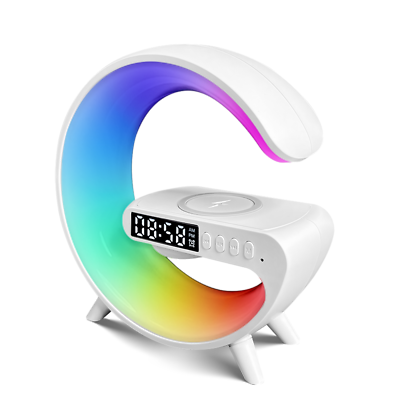 Smart Table Lamp with Wireless Charger, App Control,Sunrise WakeUp Light, RGB Lamp, Clock, Alarm, Mini Bluetooth Speaker, Dimmable Night Light Lamp Alarm Clock G63