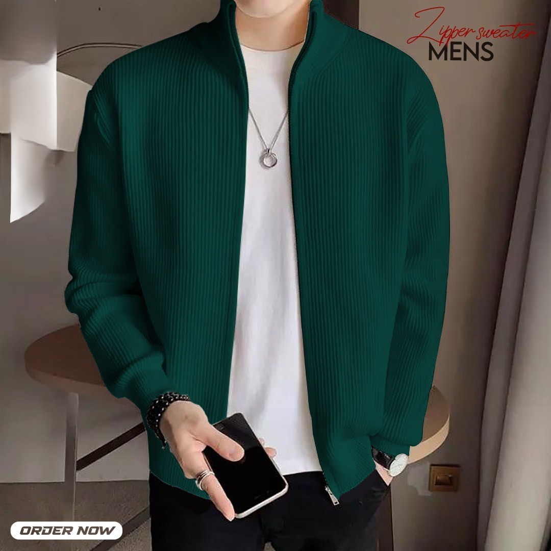 Rib High neck Jacket - Green Color