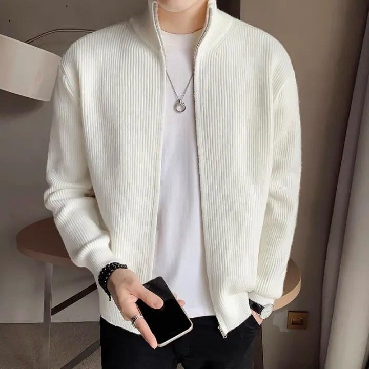 Rib High neck Jacket - White Color